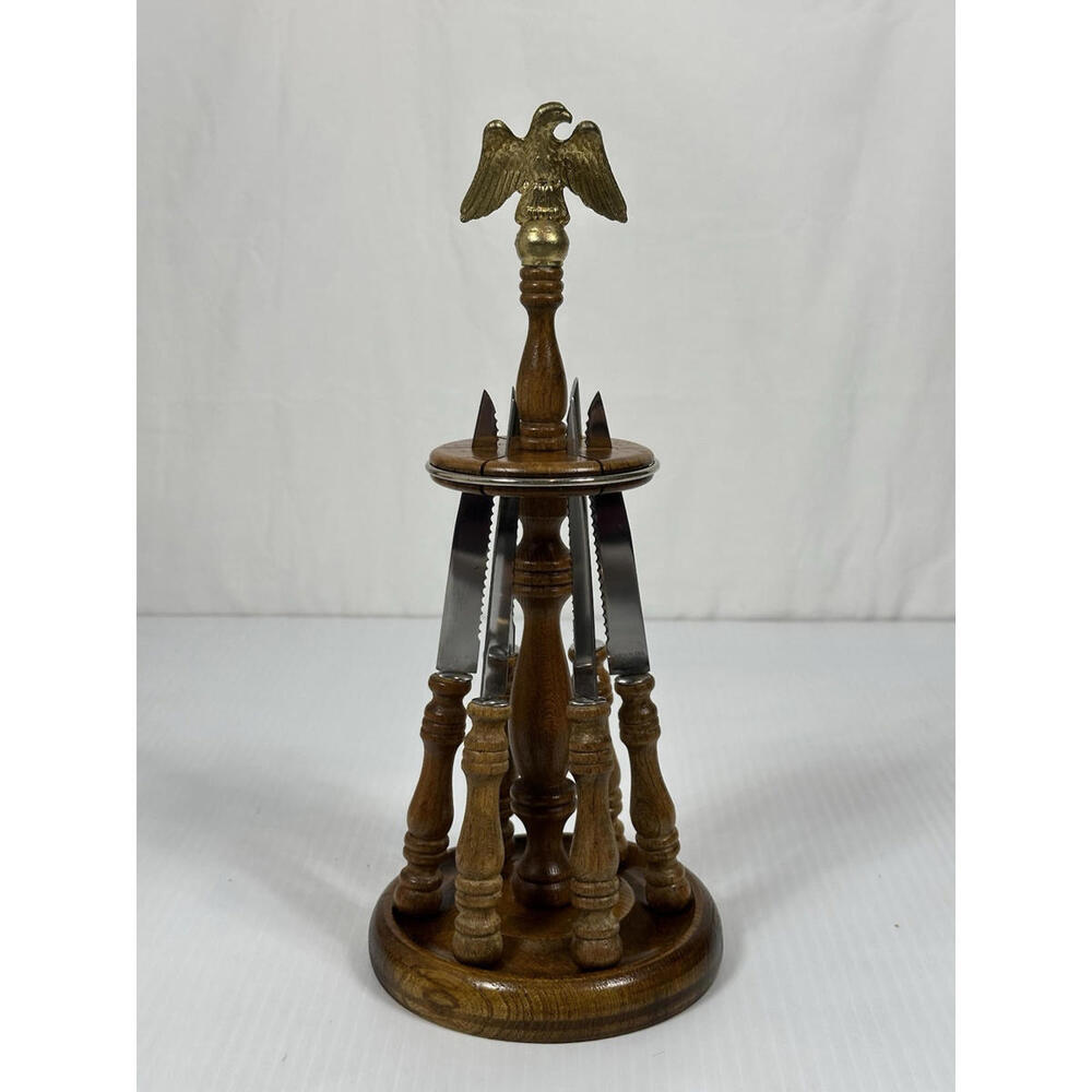 Vintage Wooden Metal Eagle Stand With 6 Steak‎ Knives Wooden Handles 6 Knives